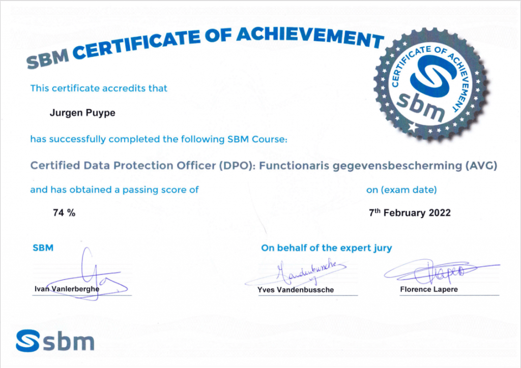 certificate certified data protection officer of Jurgen Puype galilei-it