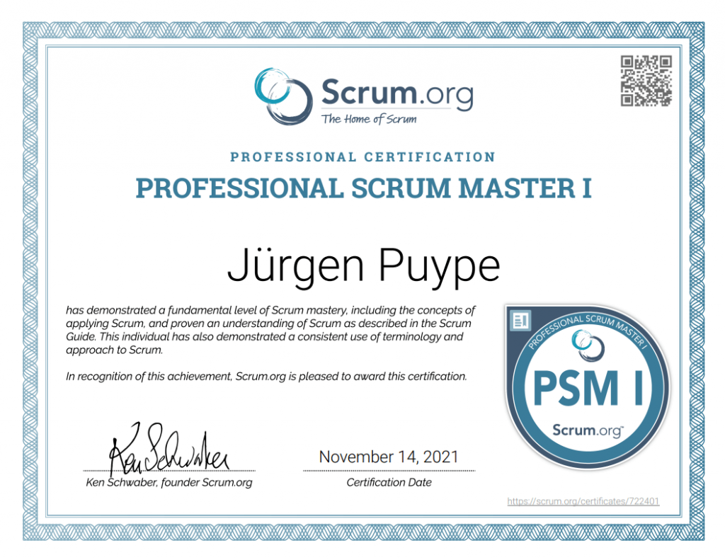 certificate of professionnal scrum master I of Jurgen Puype galilei-it
