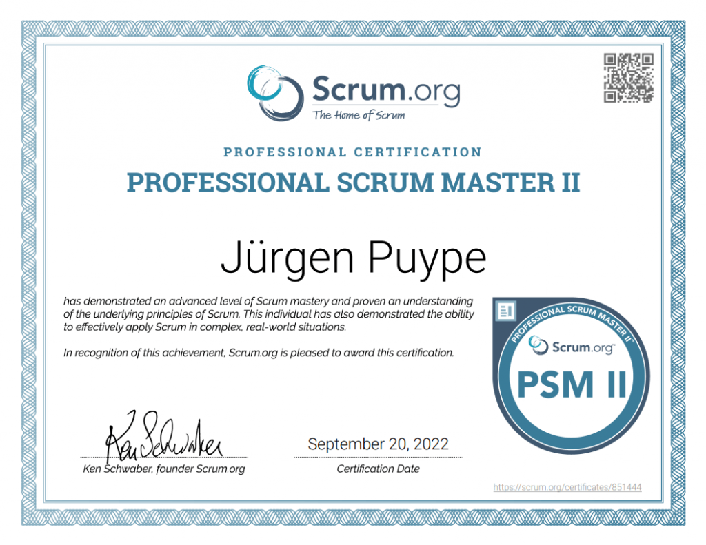 certificate of professionnal scrum master II of Jurgen Puype galilei-it