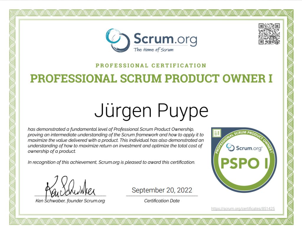 certificate of professionnal scrum product owner I of Jurgen Puype galilei-it