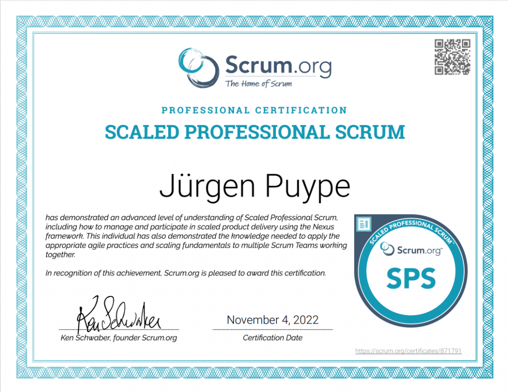 certificate of scaled professionnal scrum of Jurgen Puype galilei-it