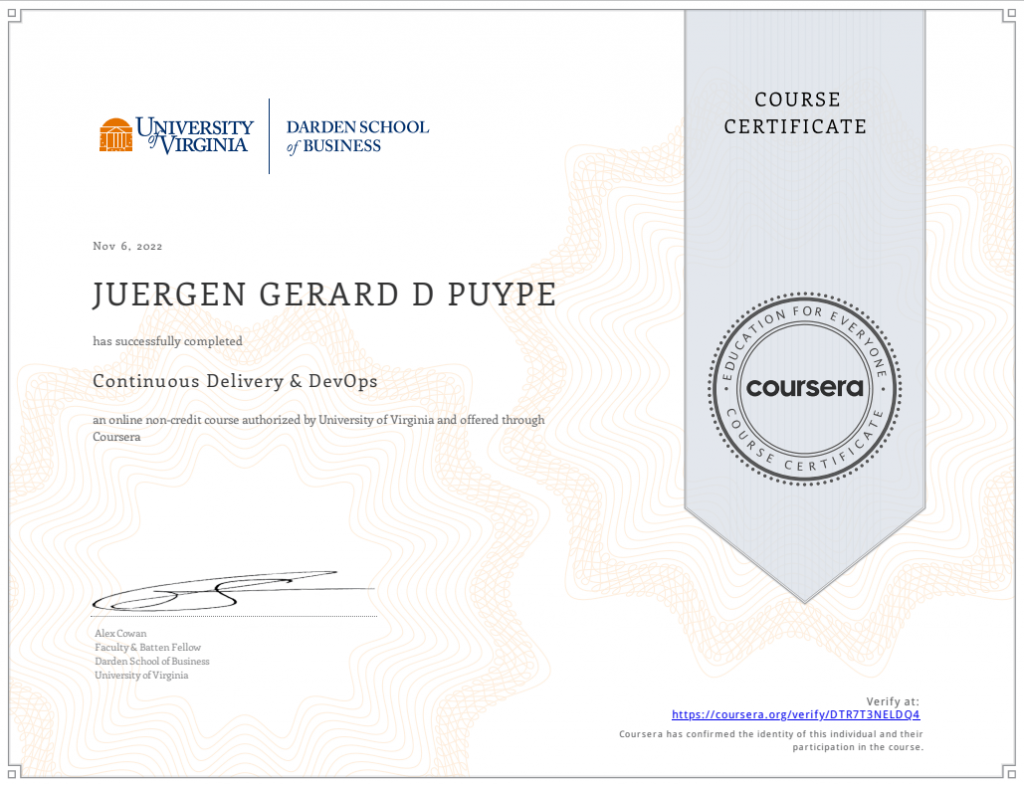 certificate continuous delivery & devops of Jurgen Puype galilei-it